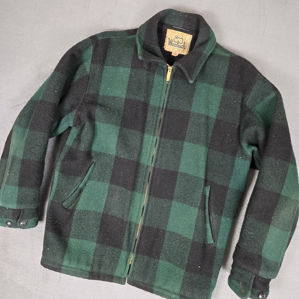 Woolrich Jacket Mens 40 VTG 80s Black Green Plaid 1980s‎ Wool Sherpa Lined *READ